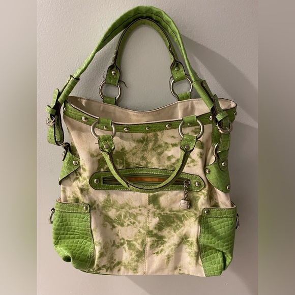 Kathy Van Zeeland Green and Cream Tote Bag Y2K - Picture 1 of 10